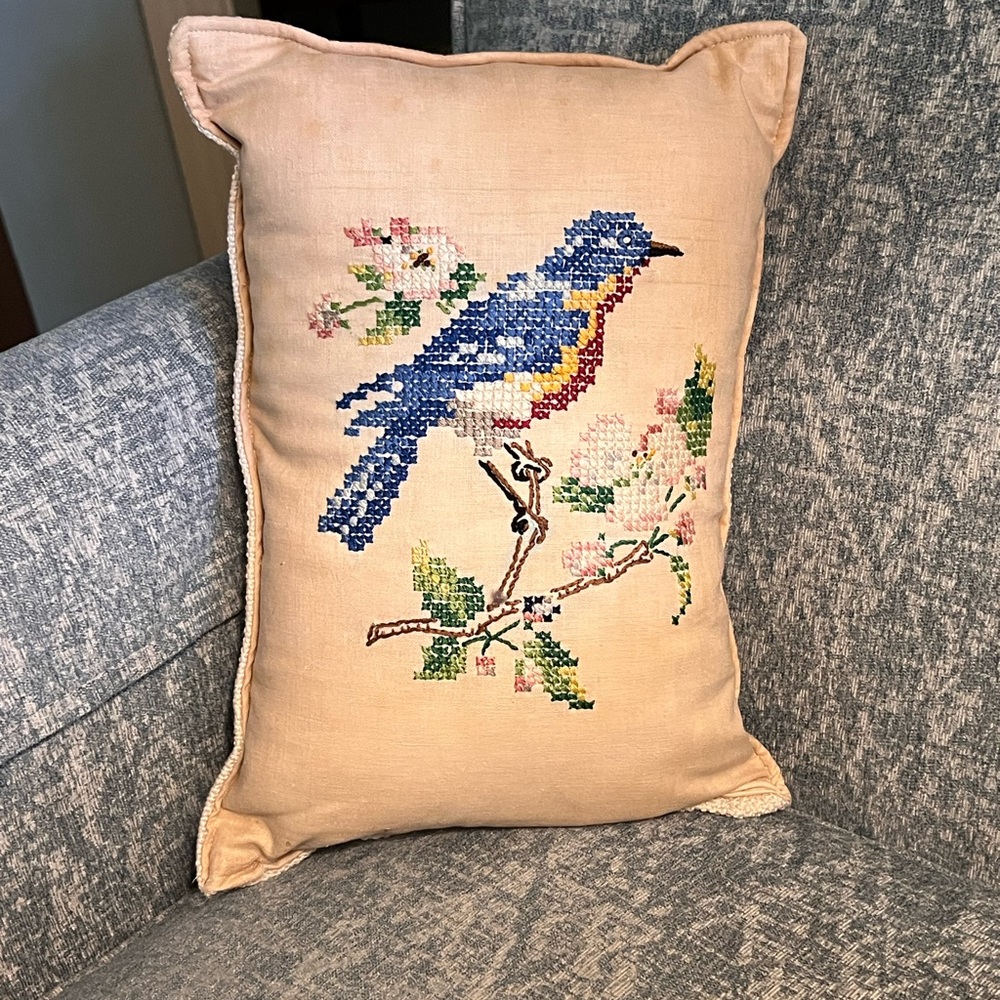 Charming Blue Bird Embroidered hand sewn vintage Pillow 10x14” Grandpacore